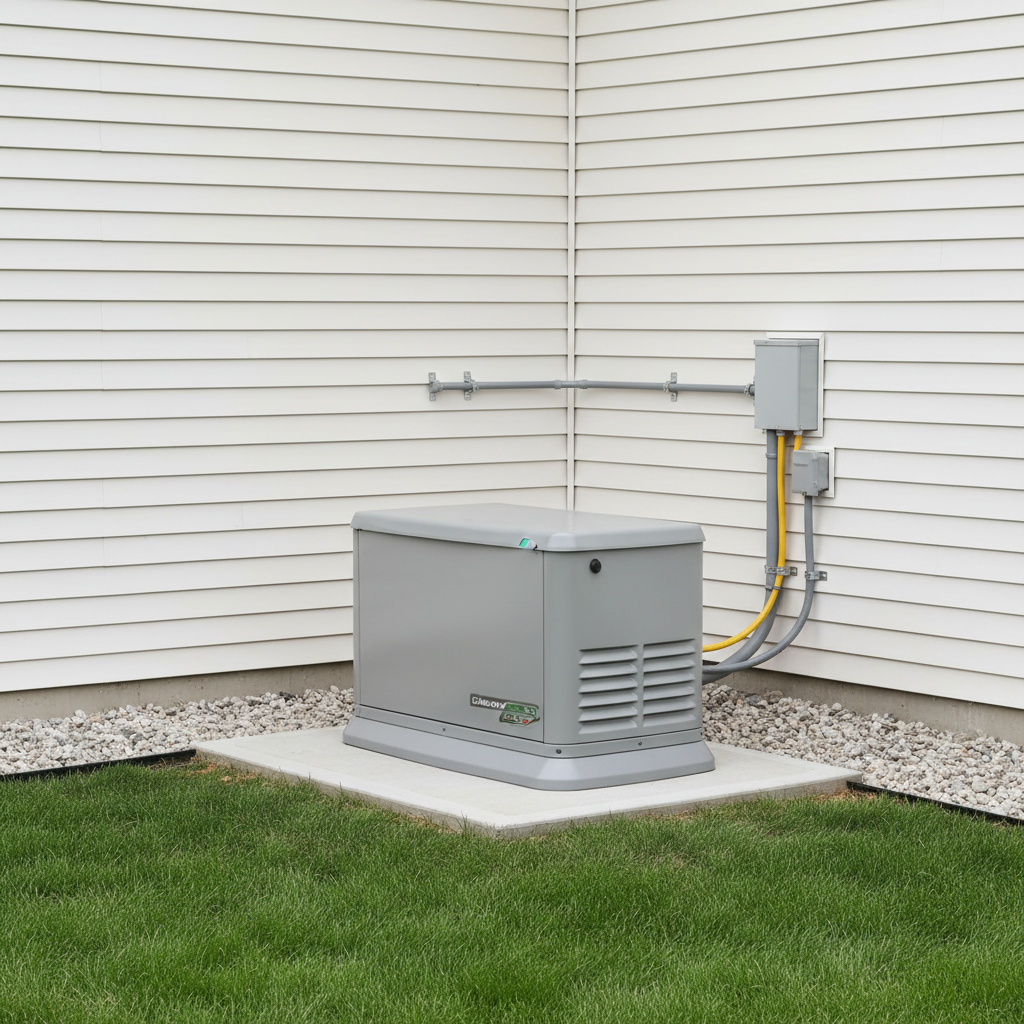 A compact, residential backup generator installation beside the exterior wall of a home, with the generator’s matte light-gray housing sitting on a level concrete pad. Conduits and gas lines are neatly routed and secured along the wall, which is clad in clean vinyl siding. The surrounding area has freshly trimmed grass and a small gravel border around the equipment. Soft, overcast daylight creates even, shadow-free illumination, highlighting the generator’s clean lines and organized connections. Photographic realism at an eye-level perspective, with a calm, secure atmosphere that underscores reliability and well-planned emergency power solutions.
