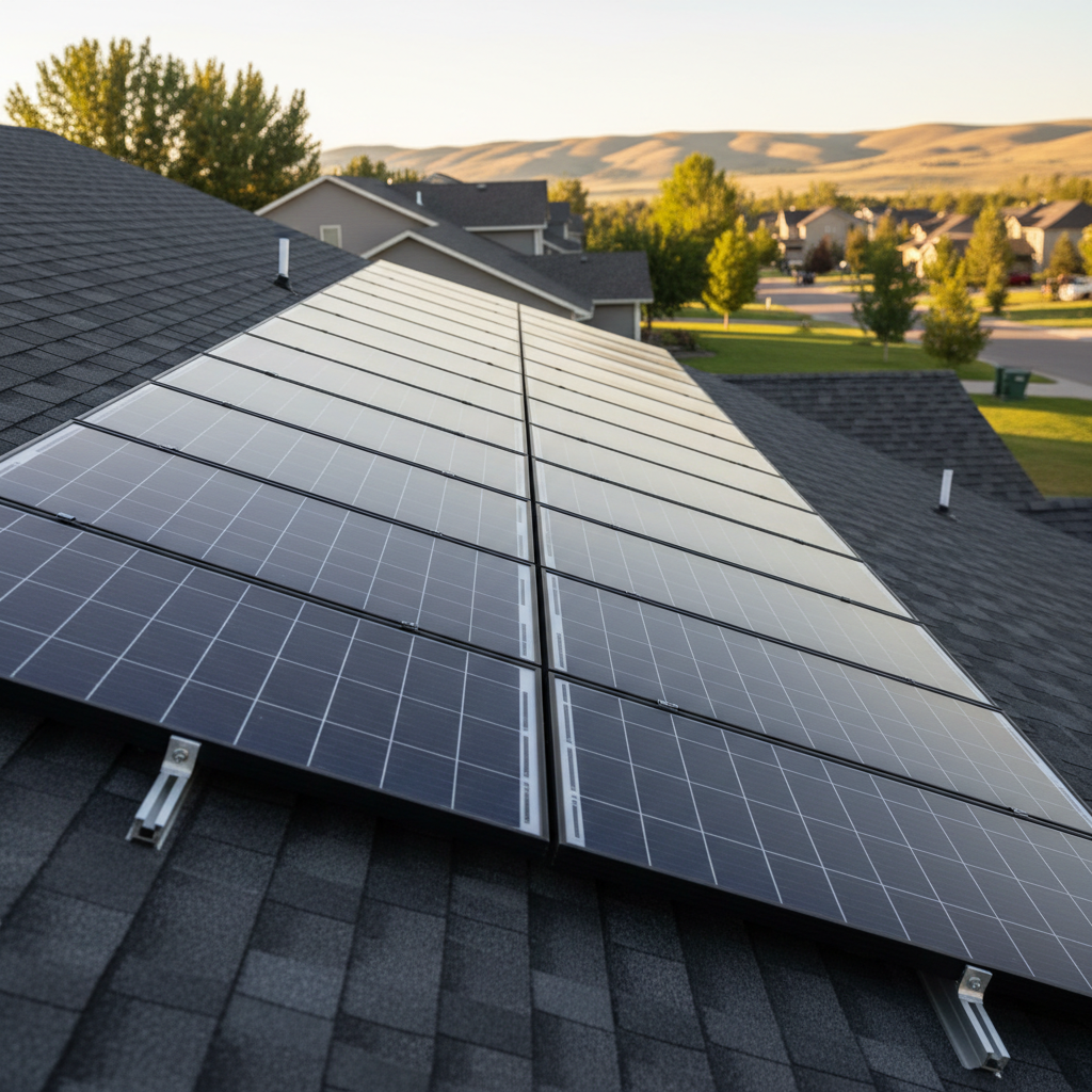 A row of high-efficiency rooftop solar panels installed on a suburban home near Blackfoot, Idaho, captured from a low angle that emphasizes their glossy, dark-blue surfaces against a clear, bright sky. The shingles are clean and well-aligned, and the mounting hardware appears sturdy and precise. In the distance, soft-focus outlines of neighboring homes and distant hills suggest a quiet residential area. Late afternoon sunlight reflects off the glass surfaces, creating subtle highlights and minimal glare. The mood is optimistic and forward-looking, with photographic realism and a clean, modern aesthetic that emphasizes renewable energy and professional installation quality.