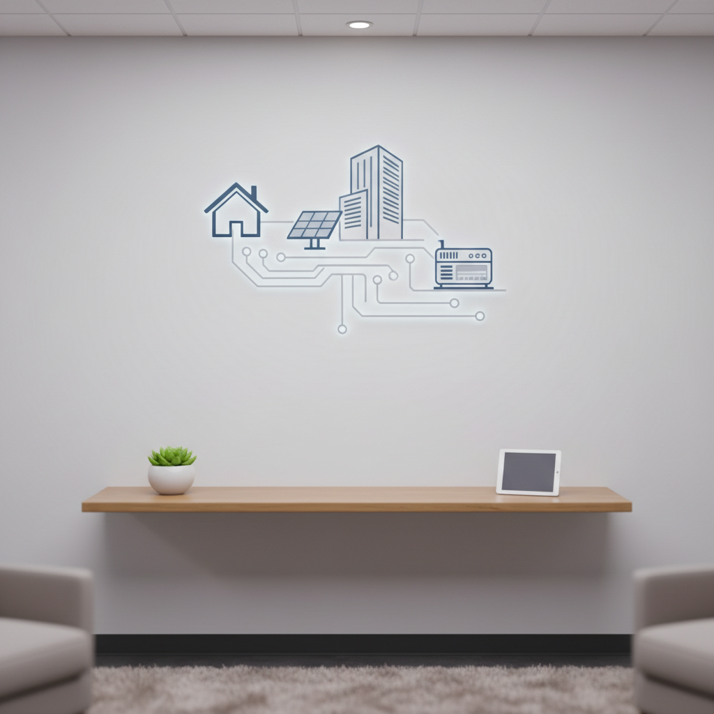 A clean, modern office reception-style space with a minimalist wall-mounted graphic representing electrical services: stylized icons of a house, a commercial building, solar panels, and a generator integrated into a subtle circuitry design. The wall is painted a soft white, and a sleek, light-wood console table sits below, holding a small potted plant and a tablet device. Soft, indirect ceiling lighting creates a calm, professional glow with gentle shadows behind the decor. Shot at eye level with photographic realism and a shallow depth of field, keeping the wall design in sharp focus while the foreground blurs slightly, evoking a professional, approachable service brand without any text or logos.