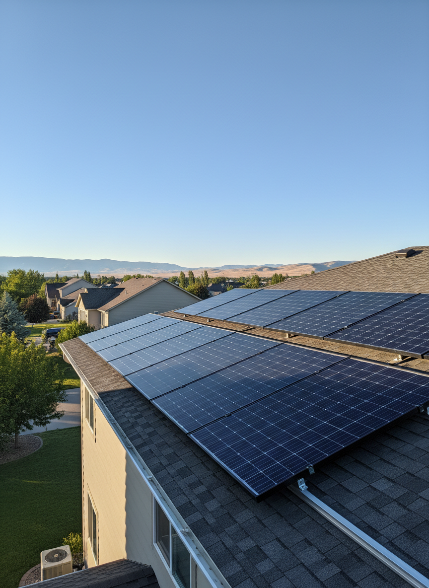 A row of high-efficiency rooftop solar panels installed on a suburban home near Blackfoot, Idaho, captured from a low angle that emphasizes their glossy, dark-blue surfaces against a clear, bright sky. The shingles are clean and well-aligned, and the mounting hardware appears sturdy and precise. In the distance, soft-focus outlines of neighboring homes and distant hills suggest a quiet residential area. Late afternoon sunlight reflects off the glass surfaces, creating subtle highlights and minimal glare. The mood is optimistic and forward-looking, with photographic realism and a clean, modern aesthetic that emphasizes renewable energy and professional installation quality.