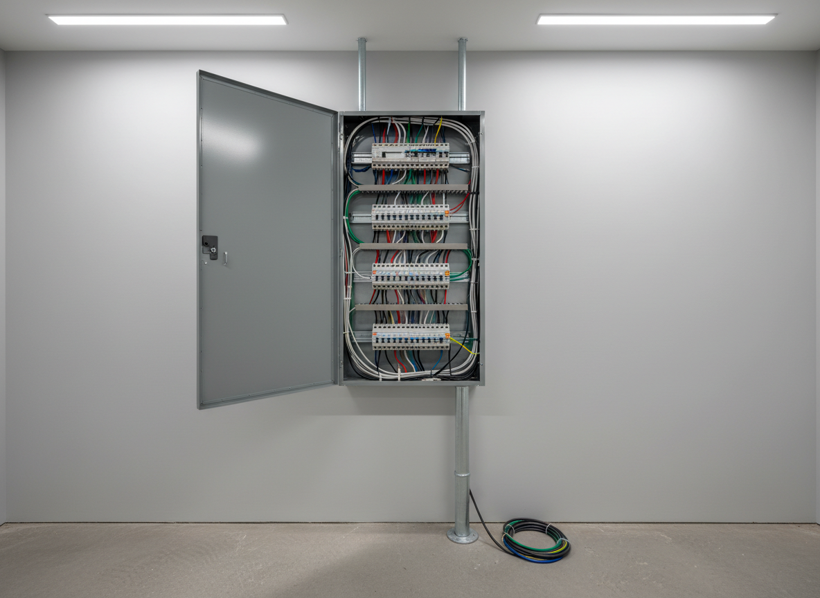 A pristine, newly installed electrical service panel with neatly organized, color-coded wiring and clearly labeled breakers mounted on a clean, light-gray utility room wall. The metal panel door is open, revealing the precise, professional layout inside. The concrete floor is spotless, with a few neatly coiled cables resting nearby and a sturdy metal conduit running up the wall. Cool, even overhead LED lighting creates crisp highlights on the panel’s surface and soft, controlled shadows along the wall. Photographic realism at eye level with sharp focus throughout, conveying reliability, safety, and professional workmanship in a modern, residential setting in Blackfoot, Idaho.