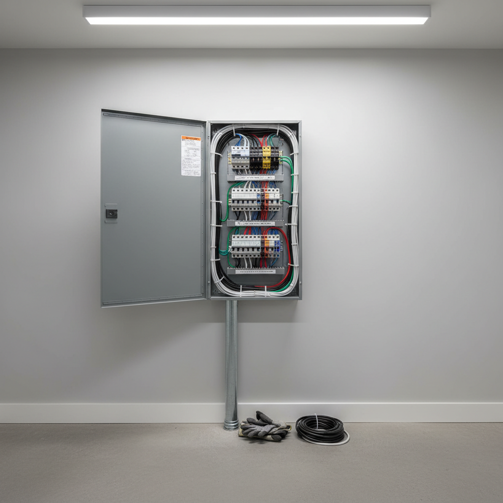 A pristine, newly installed electrical service panel with neatly organized, color-coded wiring and clearly labeled breakers mounted on a clean, light-gray utility room wall. The metal panel door is open, revealing the precise, professional layout inside. The concrete floor is spotless, with a few neatly coiled cables resting nearby and a sturdy metal conduit running up the wall. Cool, even overhead LED lighting creates crisp highlights on the panel’s surface and soft, controlled shadows along the wall. Photographic realism at eye level with sharp focus throughout, conveying reliability, safety, and professional workmanship in a modern, residential setting in Blackfoot, Idaho.