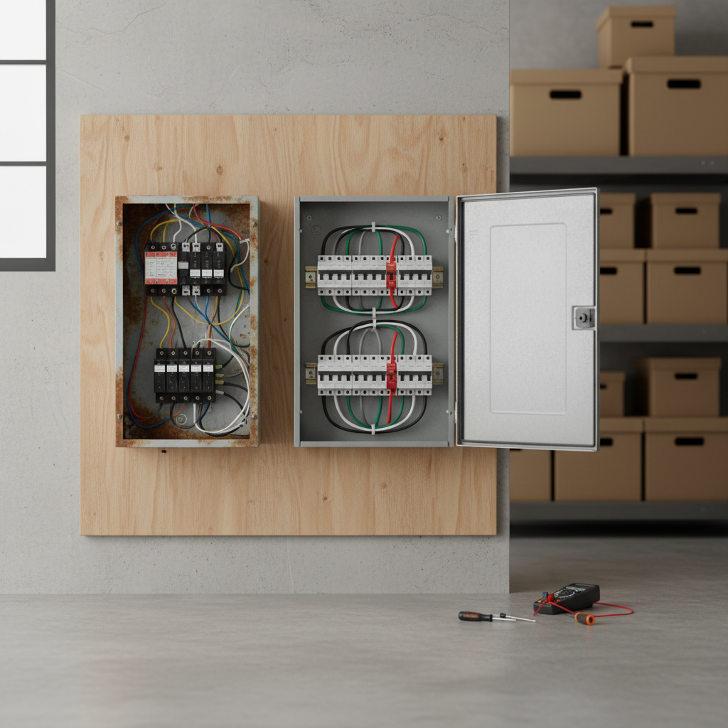 A bright, modern residential electrical panel upgrade in progress, showing an old, partially removed panel beside a sleek new panel with updated breakers and tidy wiring. The panels are mounted on an unfinished plywood backing in a clean garage space with smooth cement flooring and neatly stacked storage boxes in the background. Neutral, diffused daylight enters from an unseen side window, illuminating the metallic surfaces and casting gentle shadows behind conduits and cables. Photographic realism from a slightly elevated angle, with a clear, organized composition that highlights the transformation and attention to detail, communicating professionalism and trust in the upgrade process.