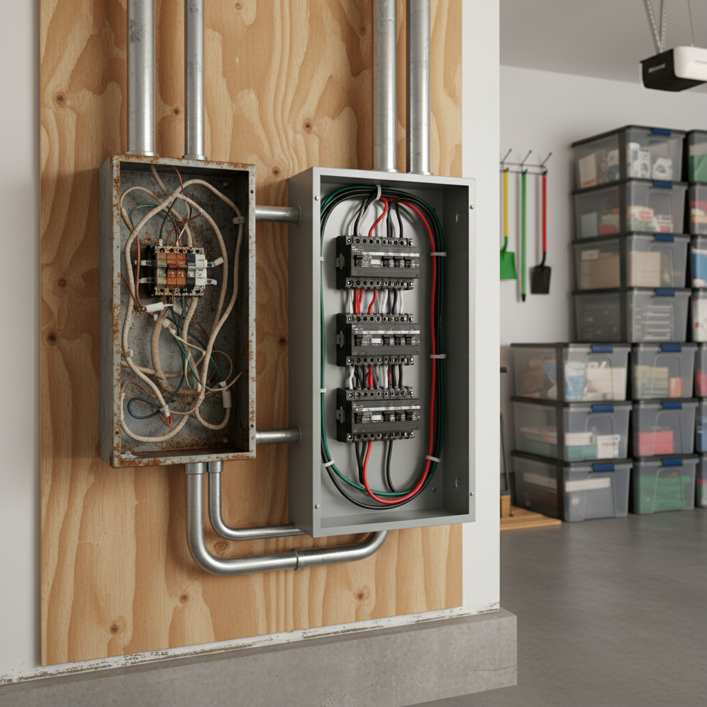 A bright, modern residential electrical panel upgrade in progress, showing an old, partially removed panel beside a sleek new panel with updated breakers and tidy wiring. The panels are mounted on an unfinished plywood backing in a clean garage space with smooth cement flooring and neatly stacked storage boxes in the background. Neutral, diffused daylight enters from an unseen side window, illuminating the metallic surfaces and casting gentle shadows behind conduits and cables. Photographic realism from a slightly elevated angle, with a clear, organized composition that highlights the transformation and attention to detail, communicating professionalism and trust in the upgrade process.