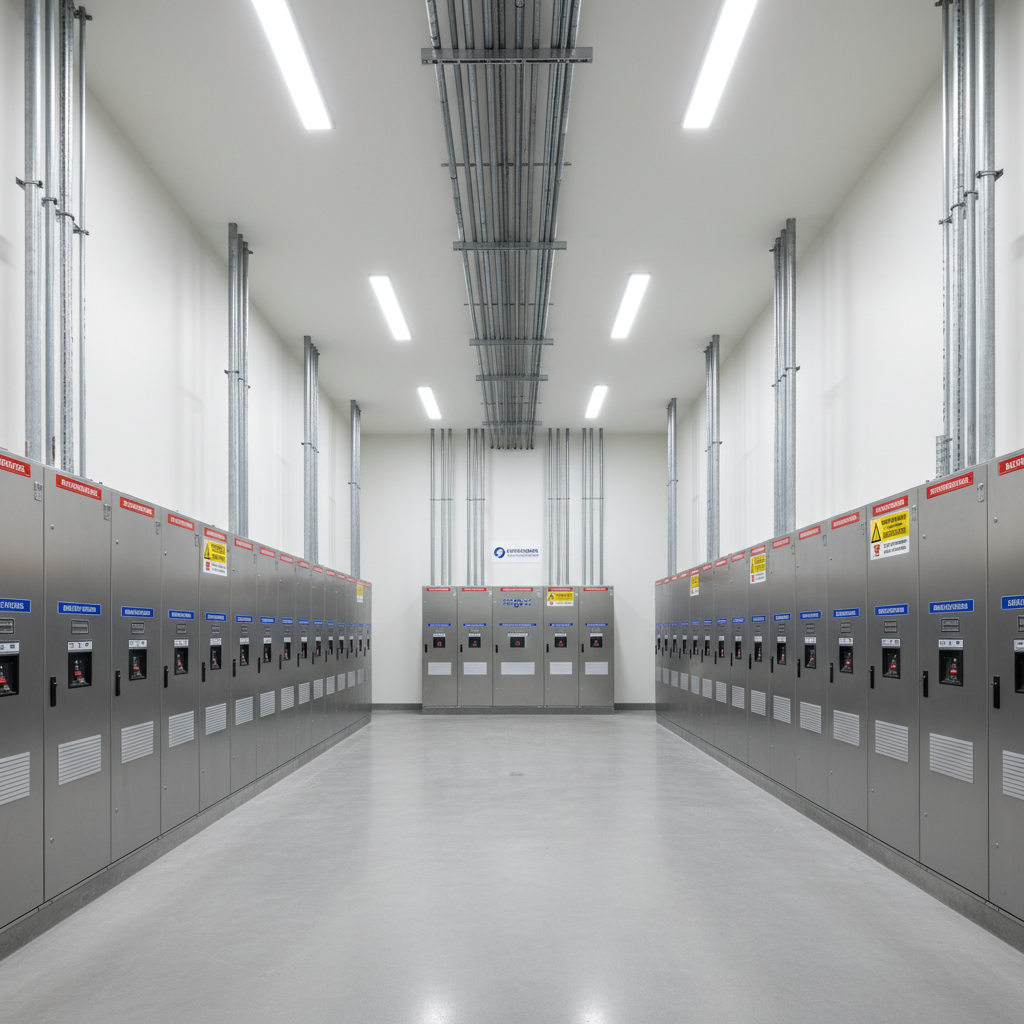A well-organized commercial electrical service room featuring multiple large metal service panels and breaker cabinets aligned along a smooth, light-colored wall. Heavy-duty conduits run precisely along the ceiling and down to each cabinet in symmetrical patterns, with labels and safety markings clearly visible on the equipment. The polished concrete floor reflects some of the overhead industrial LED lighting, creating a bright, evenly lit environment with minimal shadows. Photographic realism from a wide-angle, slightly low perspective, emphasizing scale, order, and professional craftsmanship. The atmosphere is clean, efficient, and highly technical, showcasing the capabilities of a commercial electrical contractor.