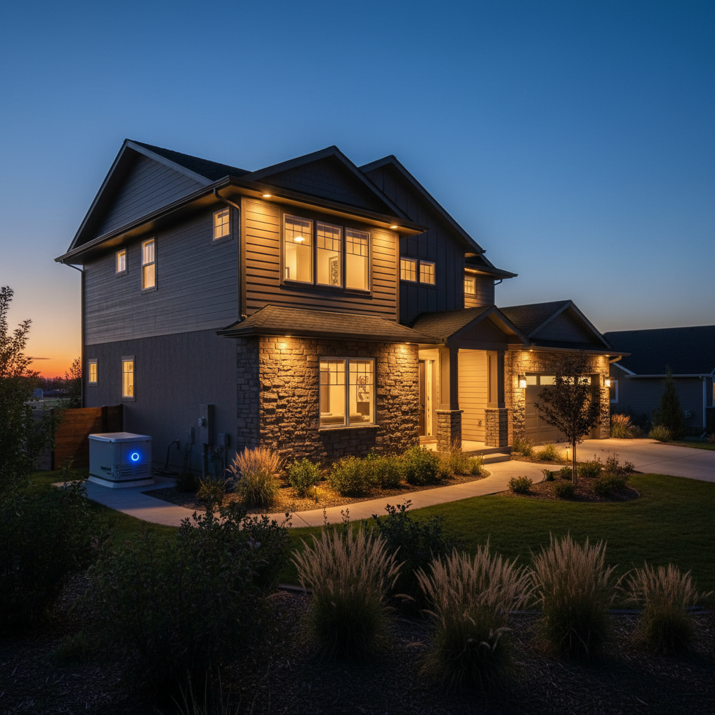 A twilight exterior view of a Blackfoot, Idaho home with expertly installed exterior lighting, illuminated windows, and a quietly running standby generator to the side. The sky is deep blue with the last hint of sunset near the horizon. Warm light spills from the windows and porch fixtures, highlighting the home’s siding and landscaping, while the generator’s discreet indicator light glows softly. The front walkway and driveway are subtly lit, suggesting well-planned electrical work. Photographic realism with a slightly wide-angle composition, capturing the house three-quarters view. The mood is safe, secure, and welcoming, emphasizing dependable power solutions and thoughtful electrical design.