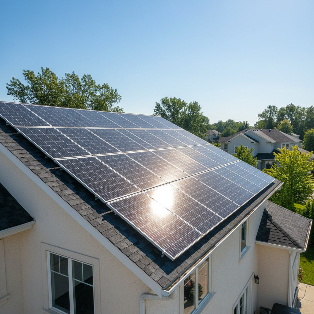 Rows of sleek solar panels installed on a residential rooftop under a bright blue sky, glistening in the sunlight, clean and modern solar energy installation